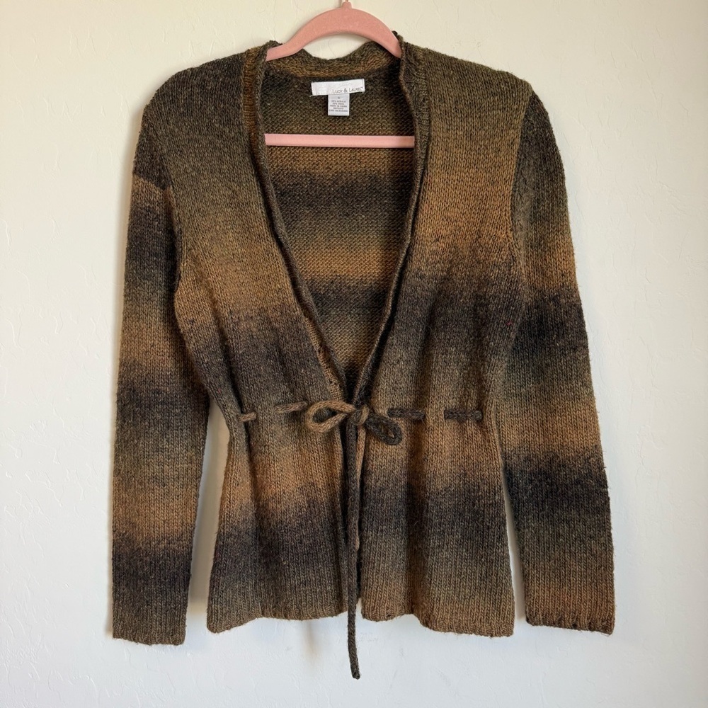Lucy & Laurel Gradient Striped Wool Blend Pointelle Trim Tie Front Cardigan
